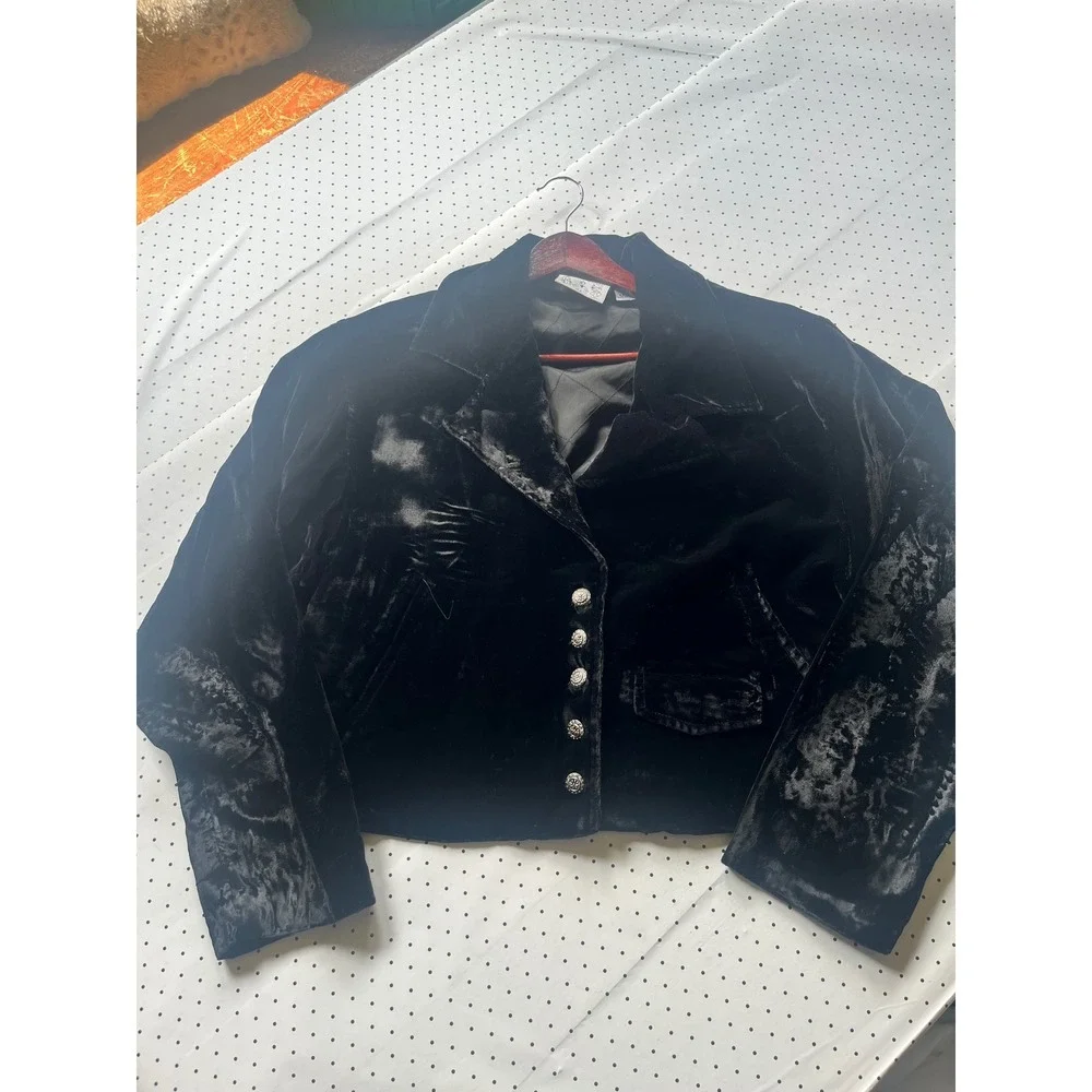 Vintage Anthropologie Black Velvet Blazer Women M Silver Button Cropped Jacket